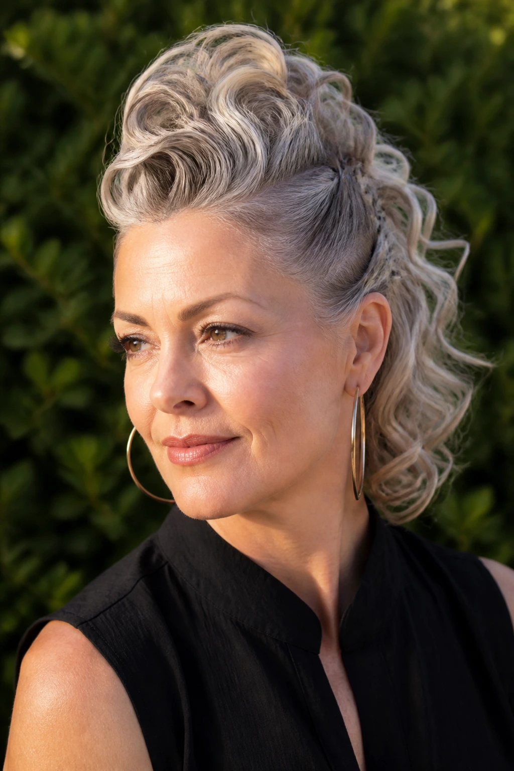 Woman with shoulder-length waves styled into a long wave mohawk in sunlight.