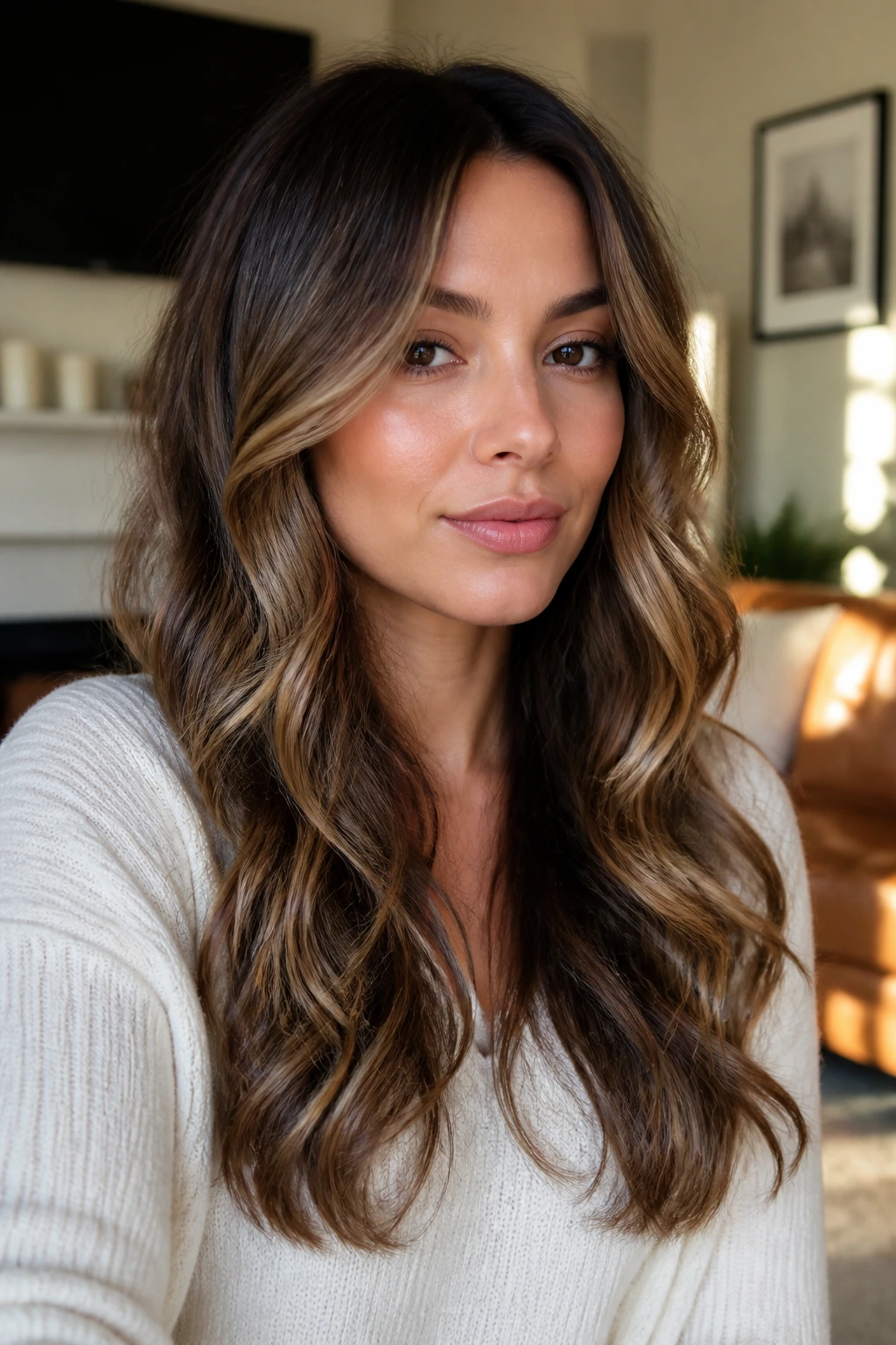 Close-up portrait of a real woman with long waves and face-framing pieces at the cheeks in warm indoor light