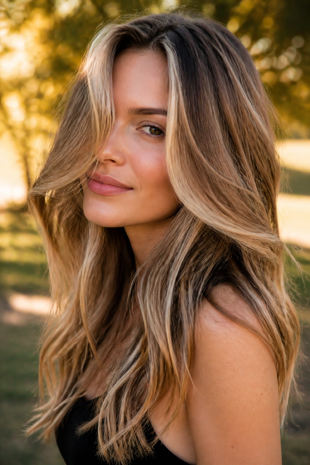 Close-up of long layered waves with honey blonde highlights