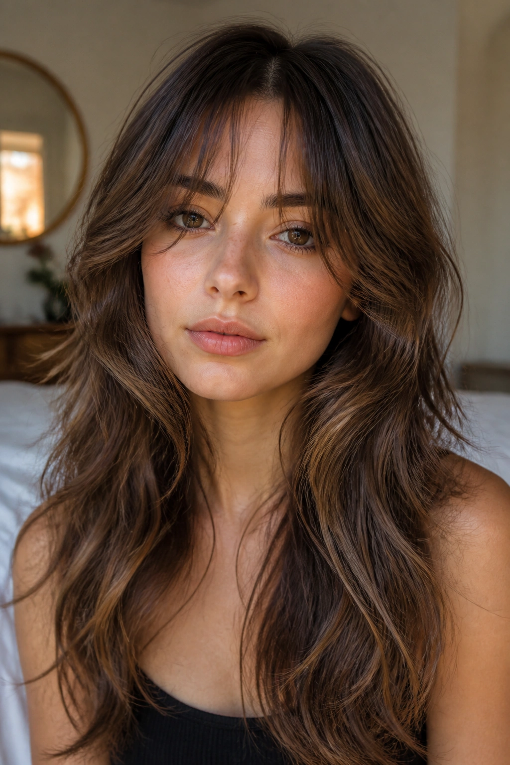 Close-up of a real woman's face with long waves and split fringe