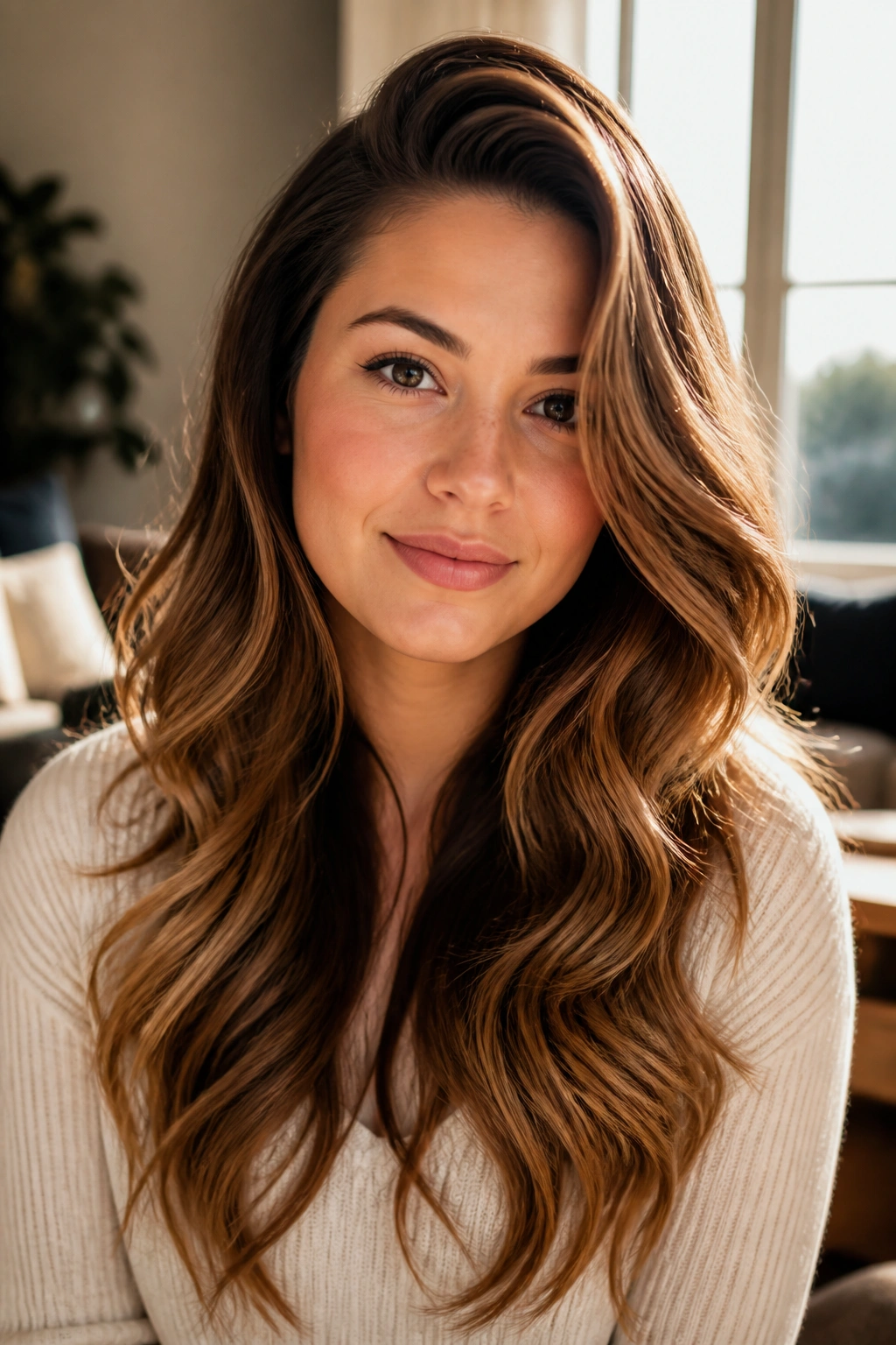 Close-up portrait of a real woman with long wavy layers and a deep side part