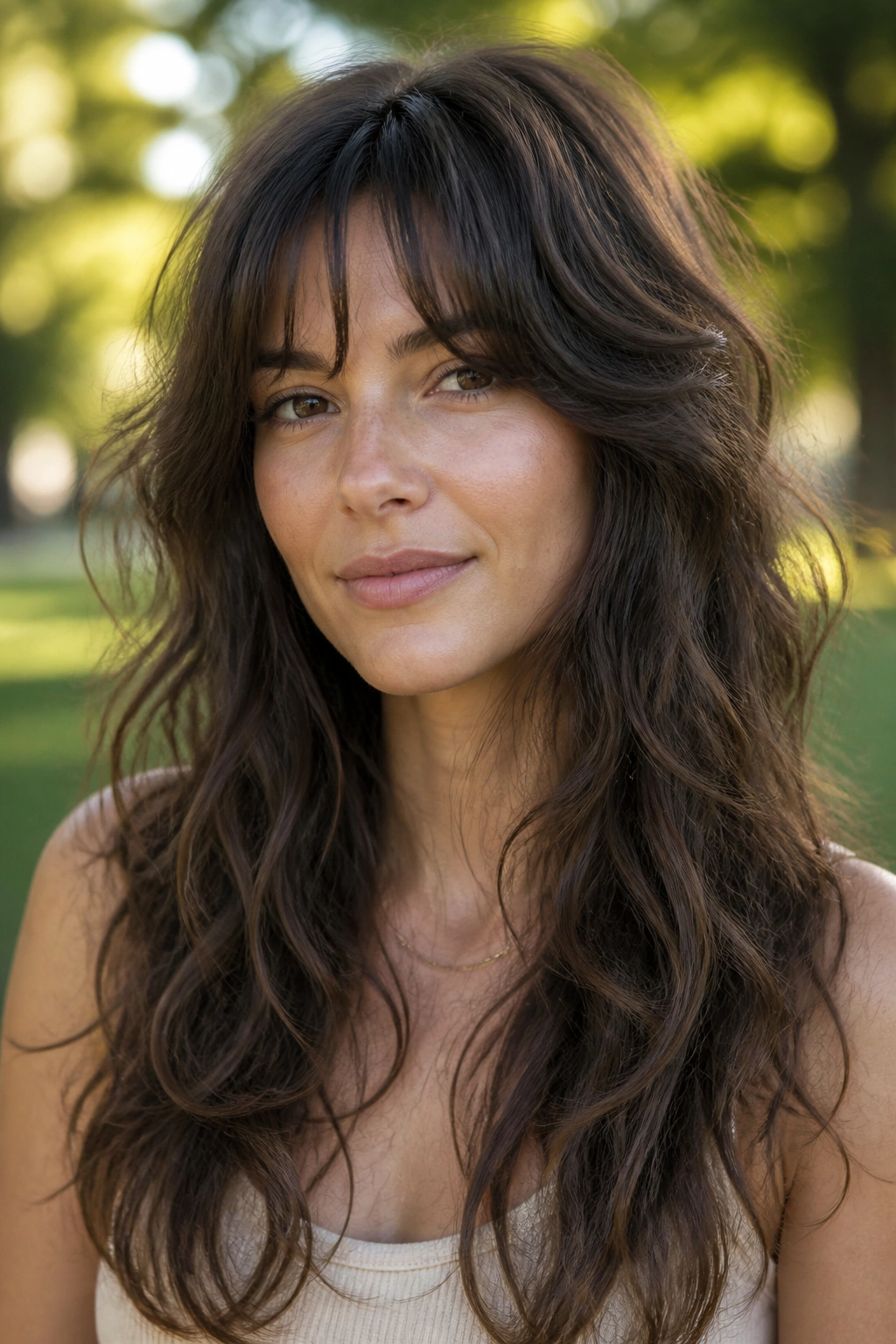 Close-up portrait of a real woman with long wavy hair and airy layers in sunlight