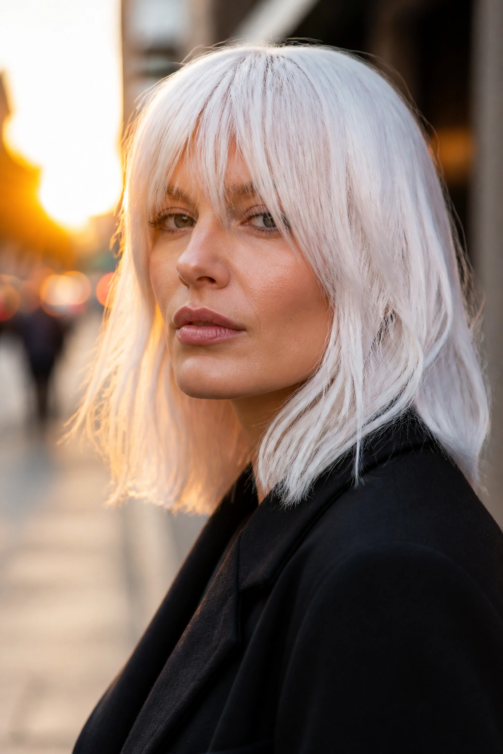 Medium close-up portrait of a real woman with long white bangs and a lob outdoors