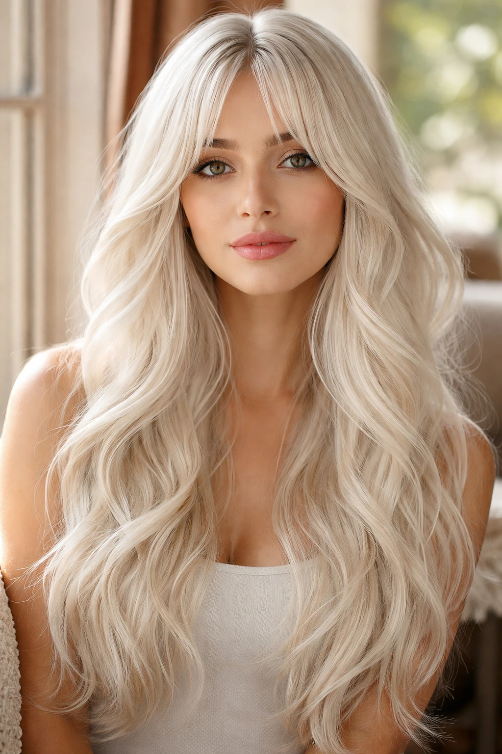 Close-up of a real person with long white wavy hair and curtain fringe by a window