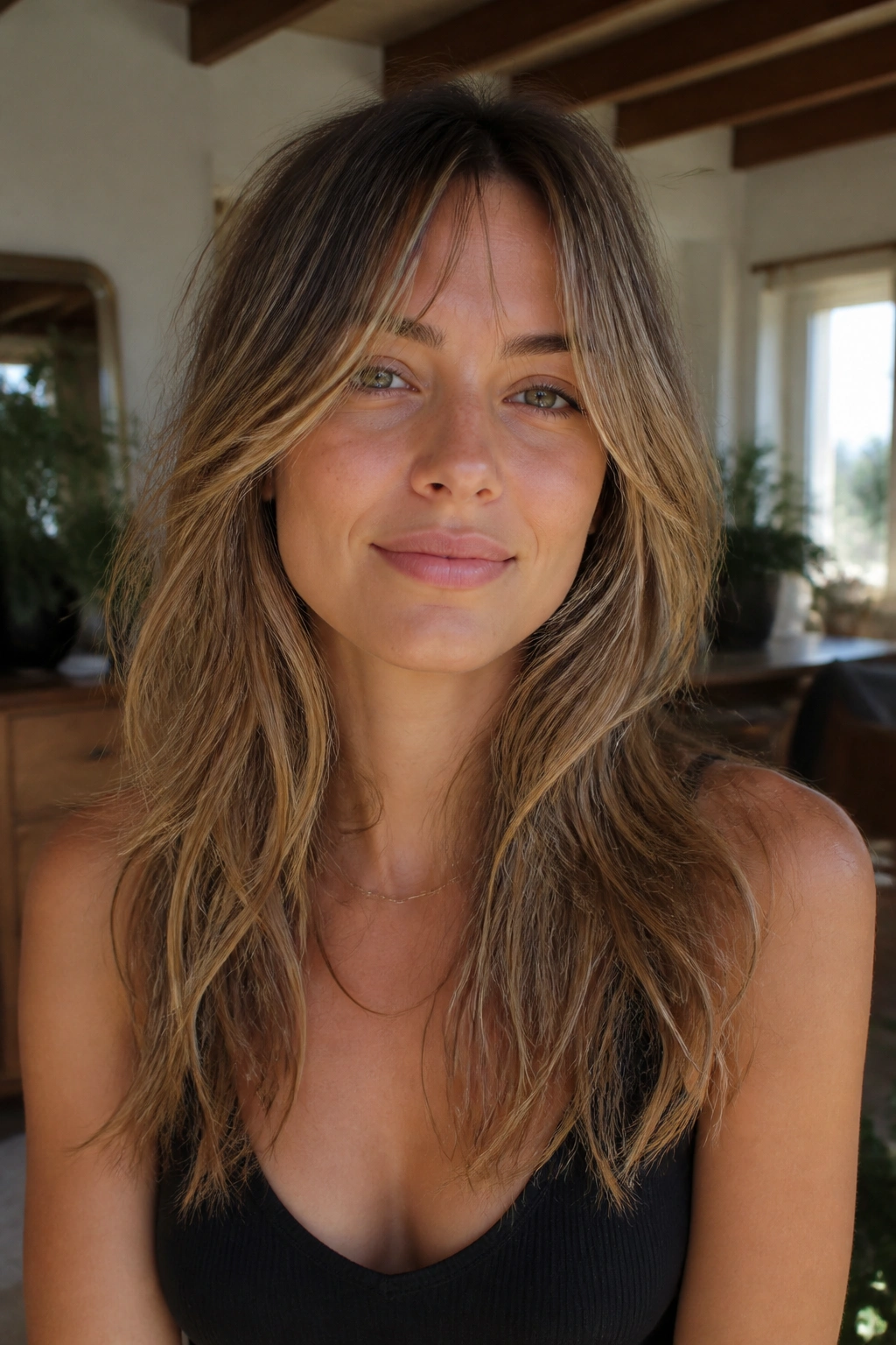 Close-up of real woman with long wispy layers and soft waves