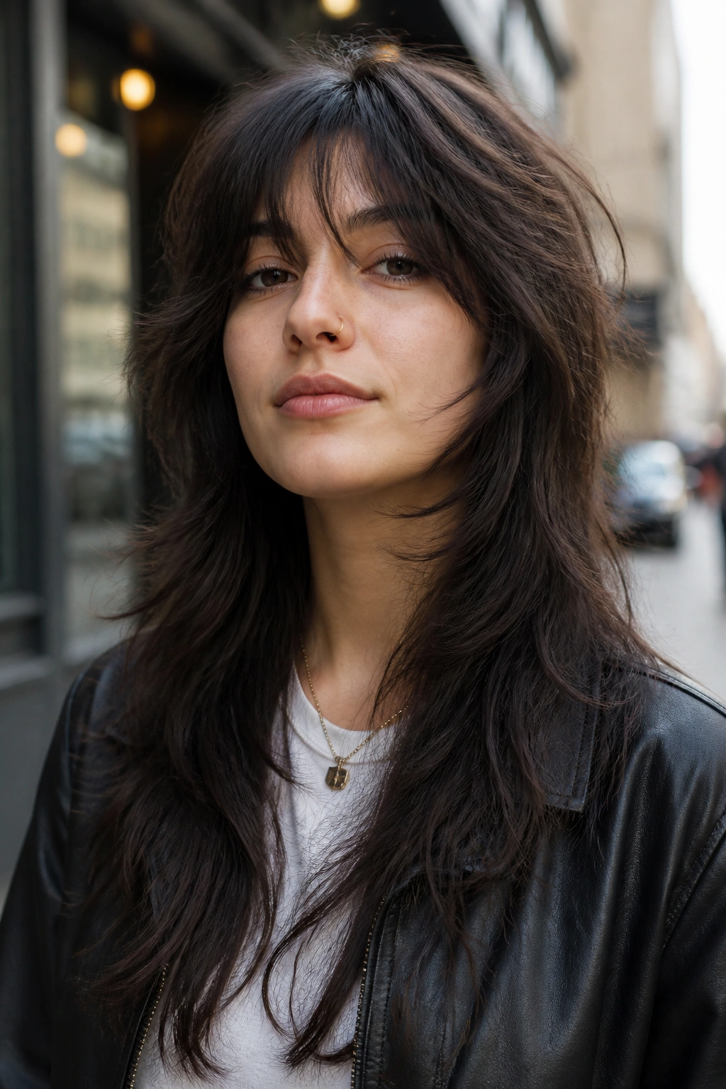 Close-up of real person with long wolf cut outdoors