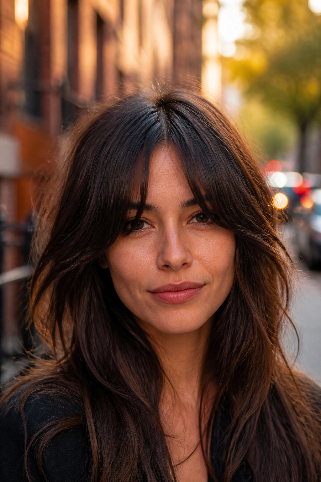 Close-up of a real woman with long wolf cut and bottleneck bangs on a city street at golden hour