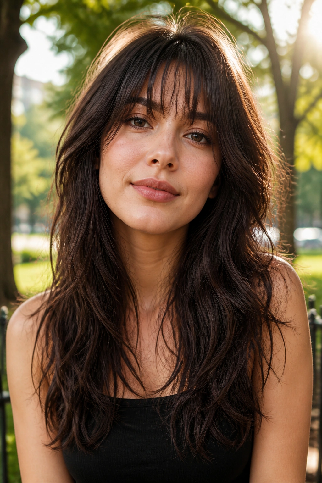 Brunette with long wolf cut and brow-grazing fringe