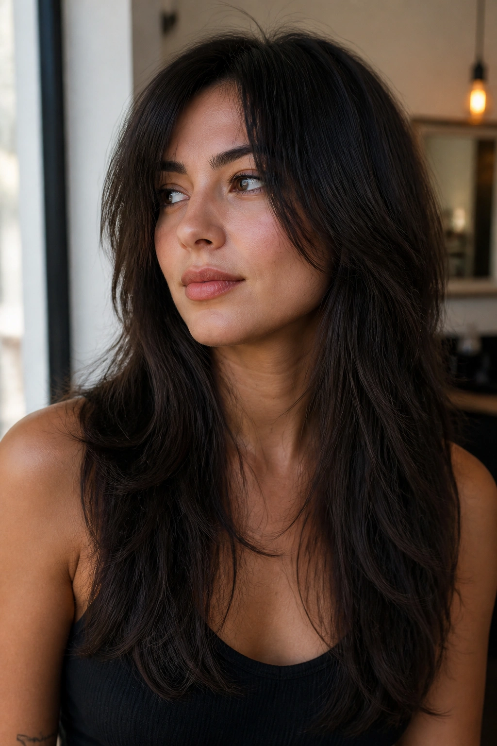 Real person with long wolf cut and invisible layers in soft natural light