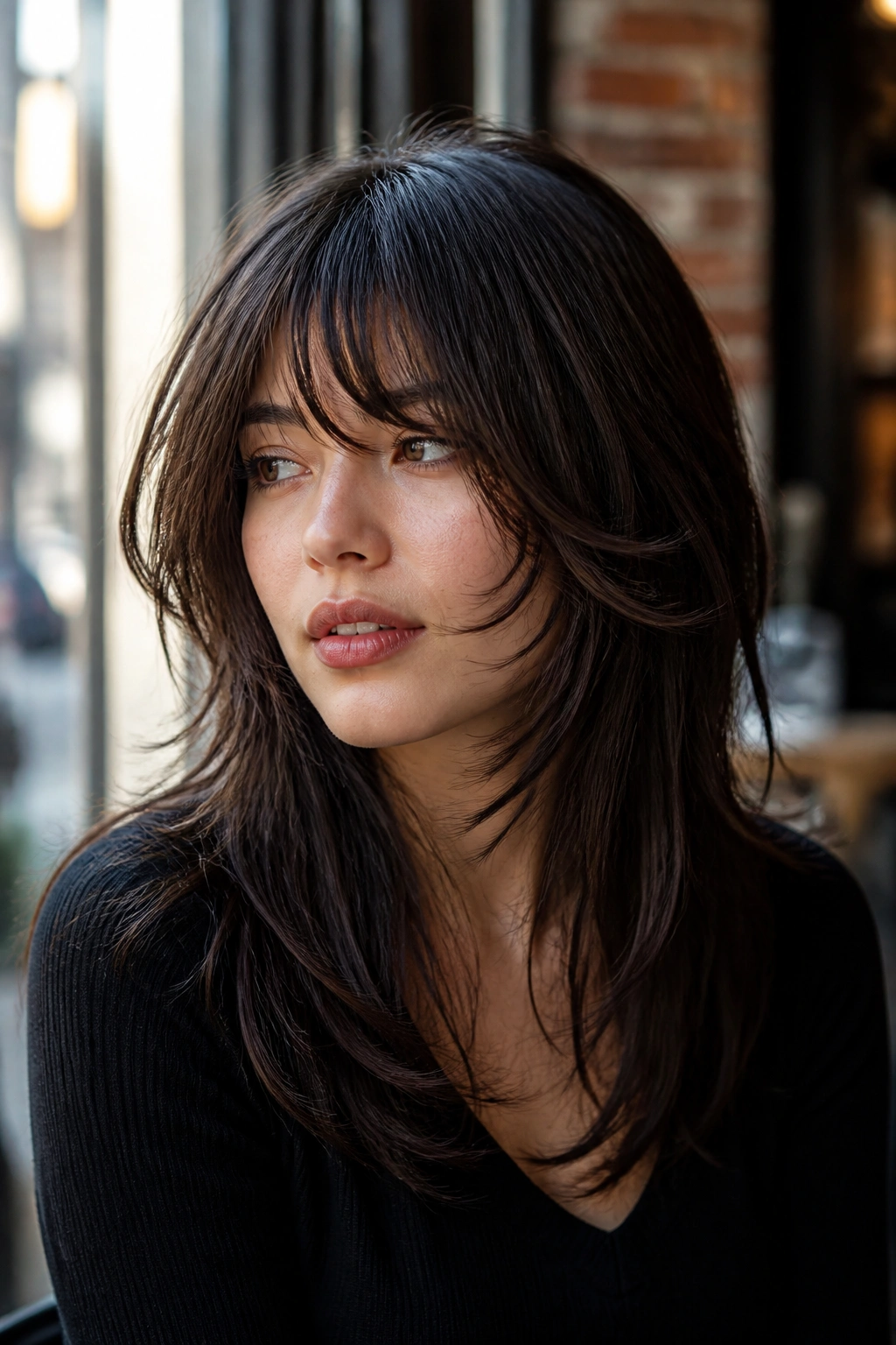Close-up of long wolf-cut bangs melting into layers on a real woman's round face