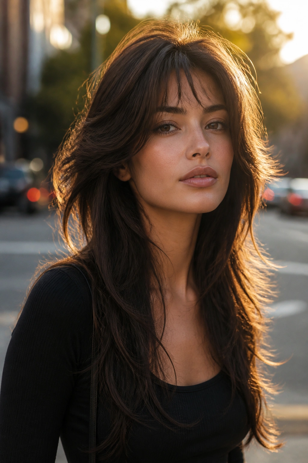 Real person with long wolf cut and seamless layers, crown lifted and hair framing the face