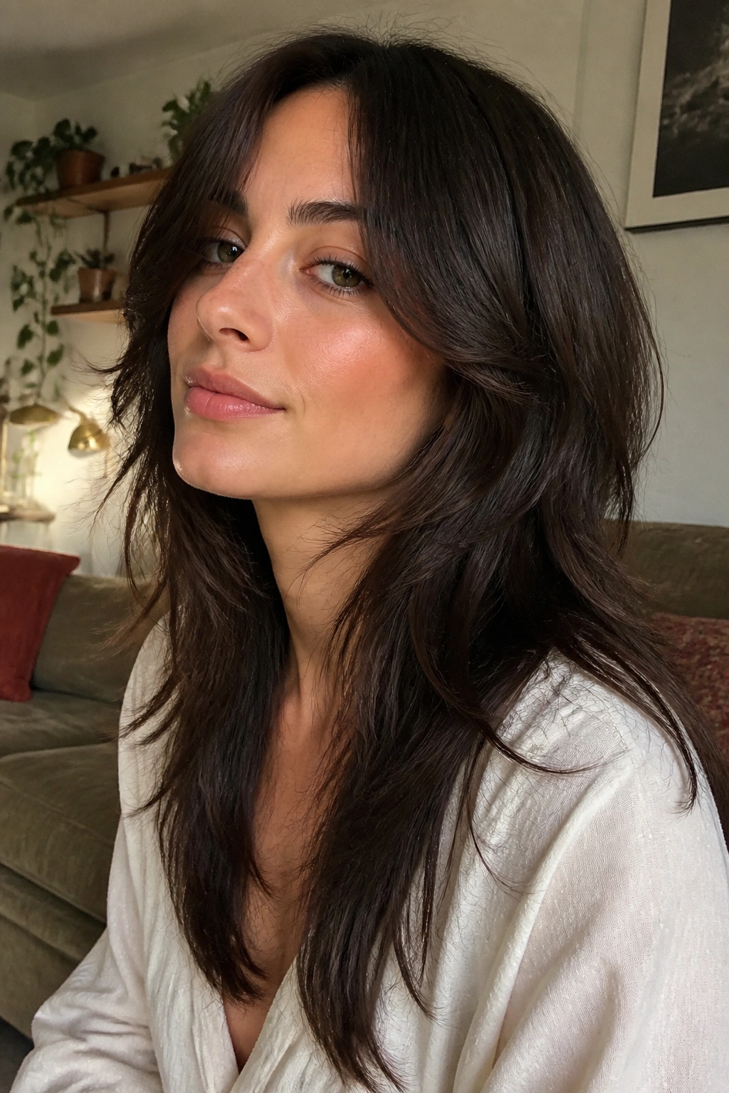 Close-up of a real woman with a softened long wolf cut