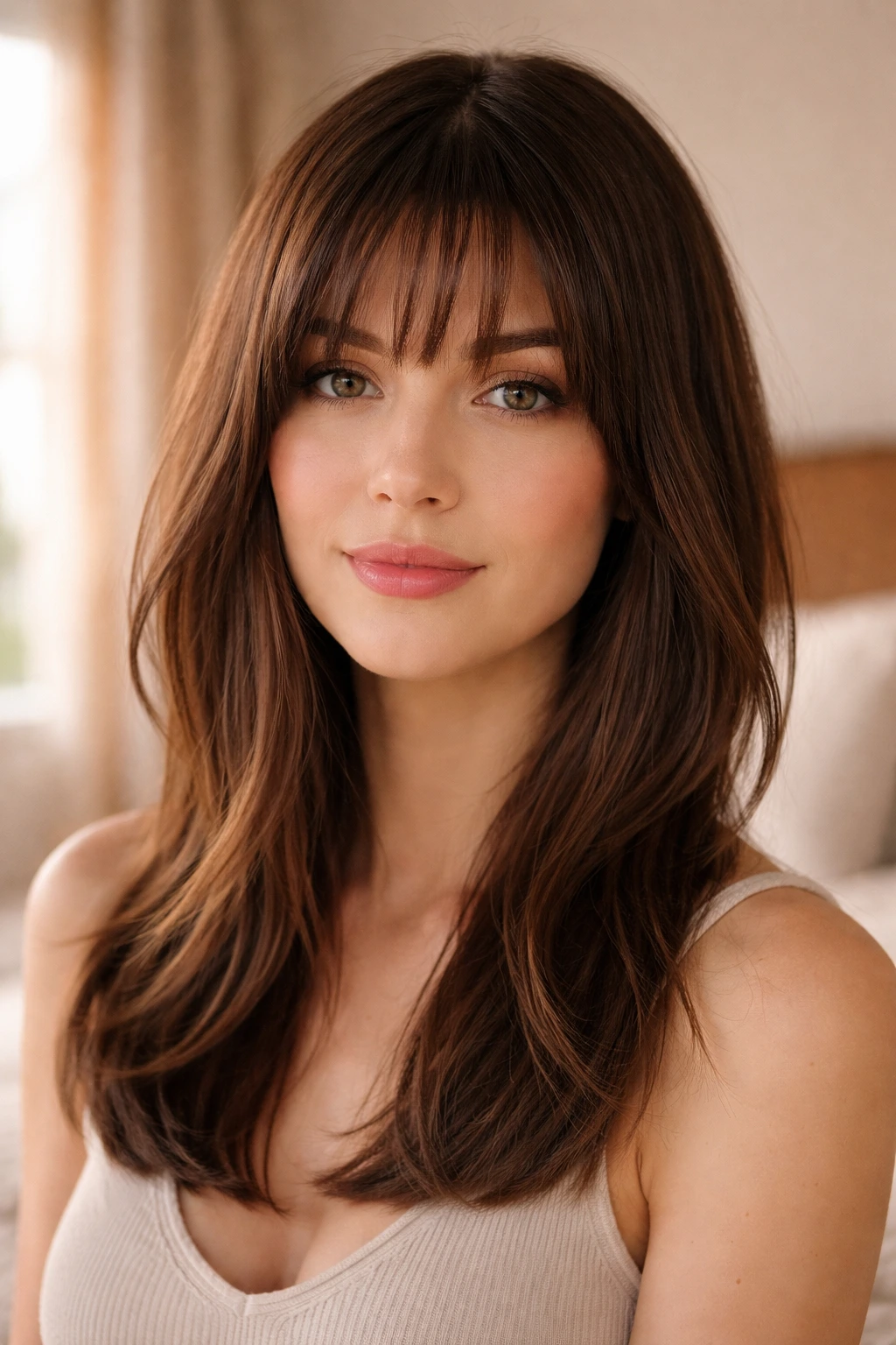 Close-up of a real woman with longer face-framing bangs in a softly lit bedroom