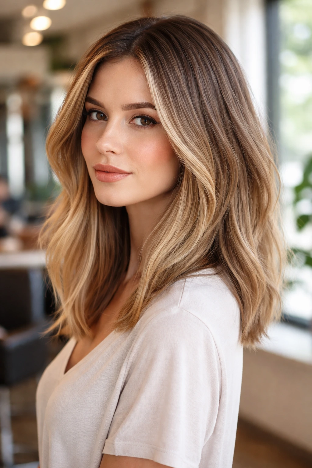 Close-up of longer-in-front lob showing back shoulder length and front to mid-chest