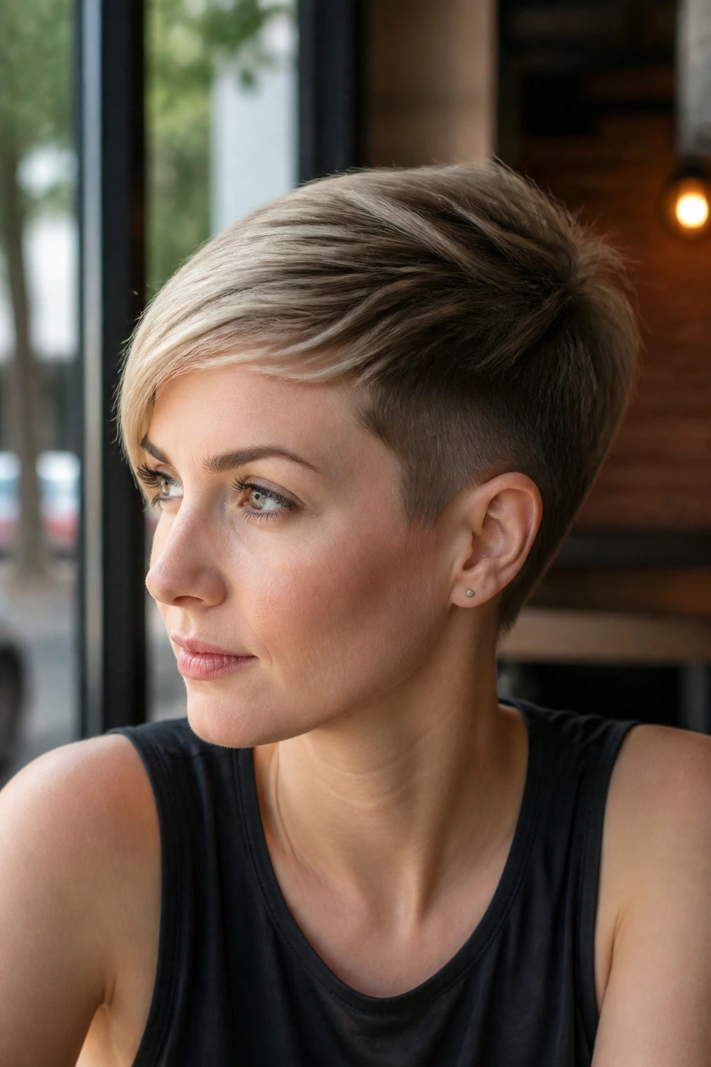 Real woman with longer-top pixie and hidden undercut shown from side.