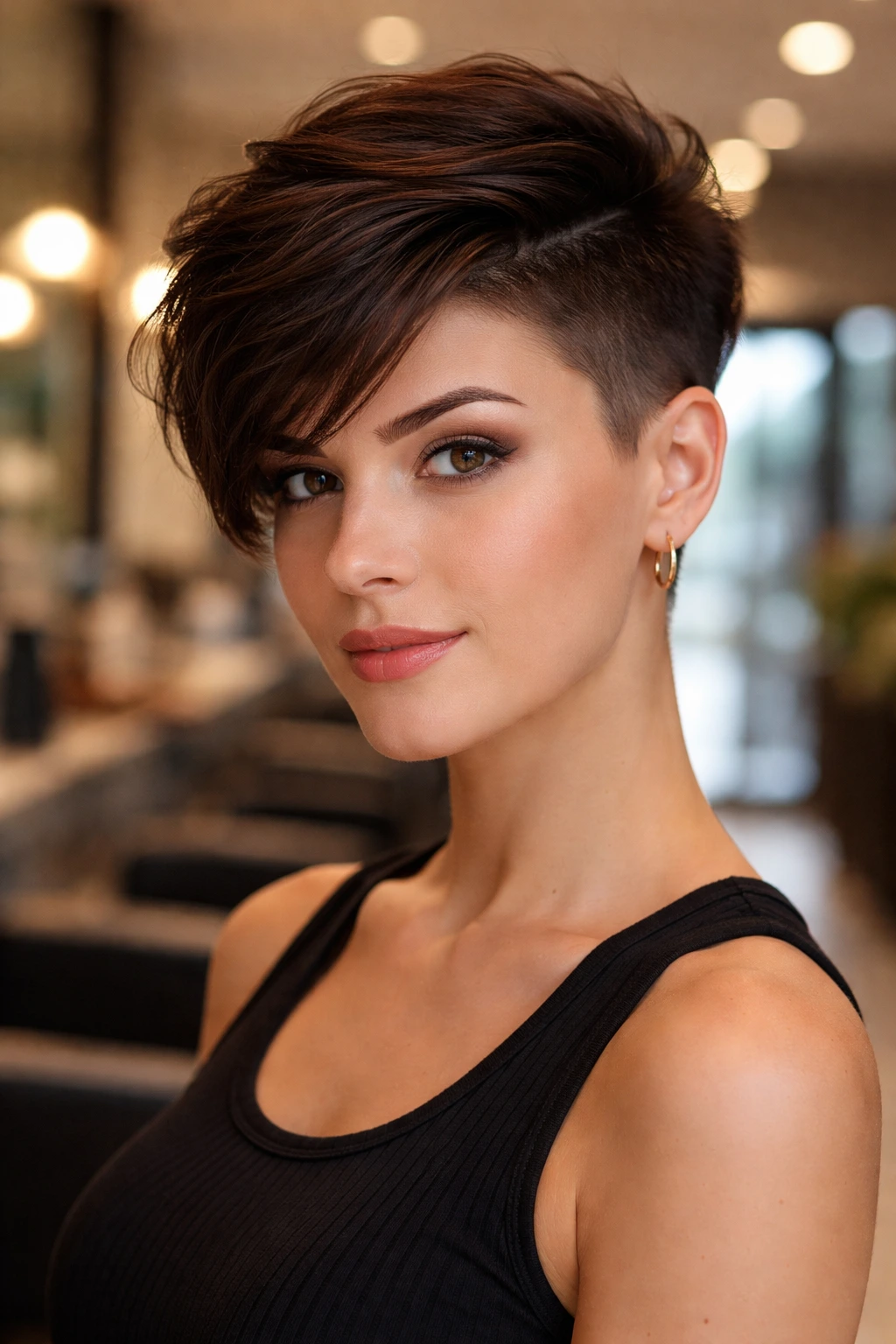 Close-up portrait of a brunette woman with longer top, shaved sides hairstyle in a salon setting