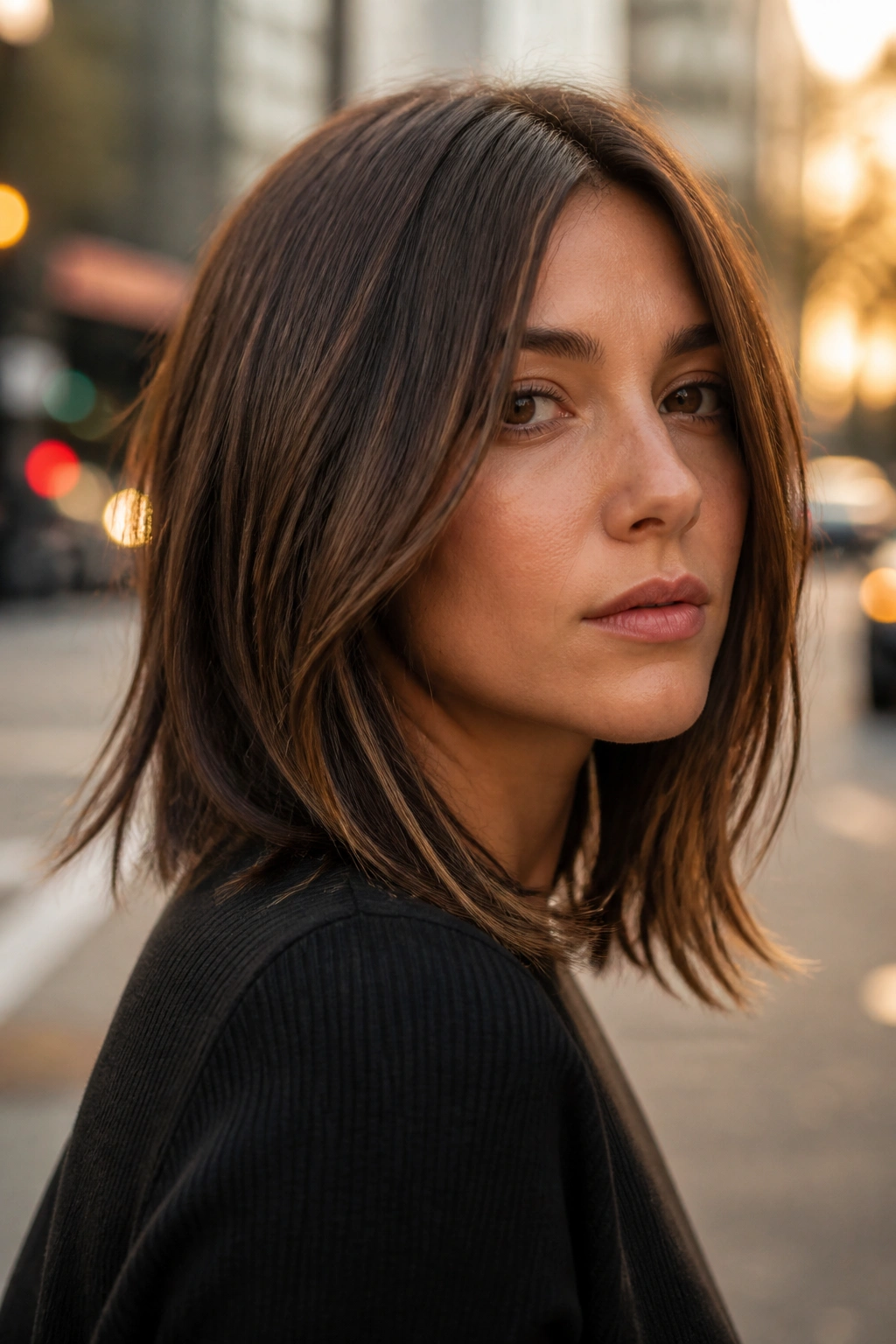 Close-up portrait of a real woman with a long lob and subtle piecey movement