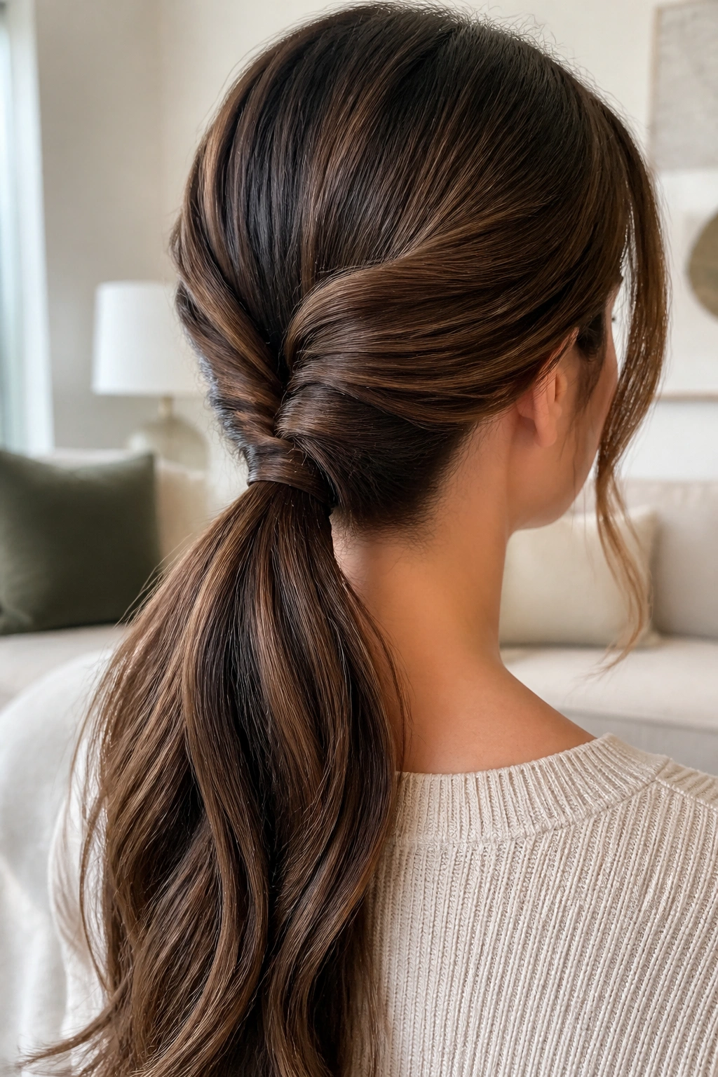 Close-up of a real person with loop-through ponytail showing the loop at the elastic