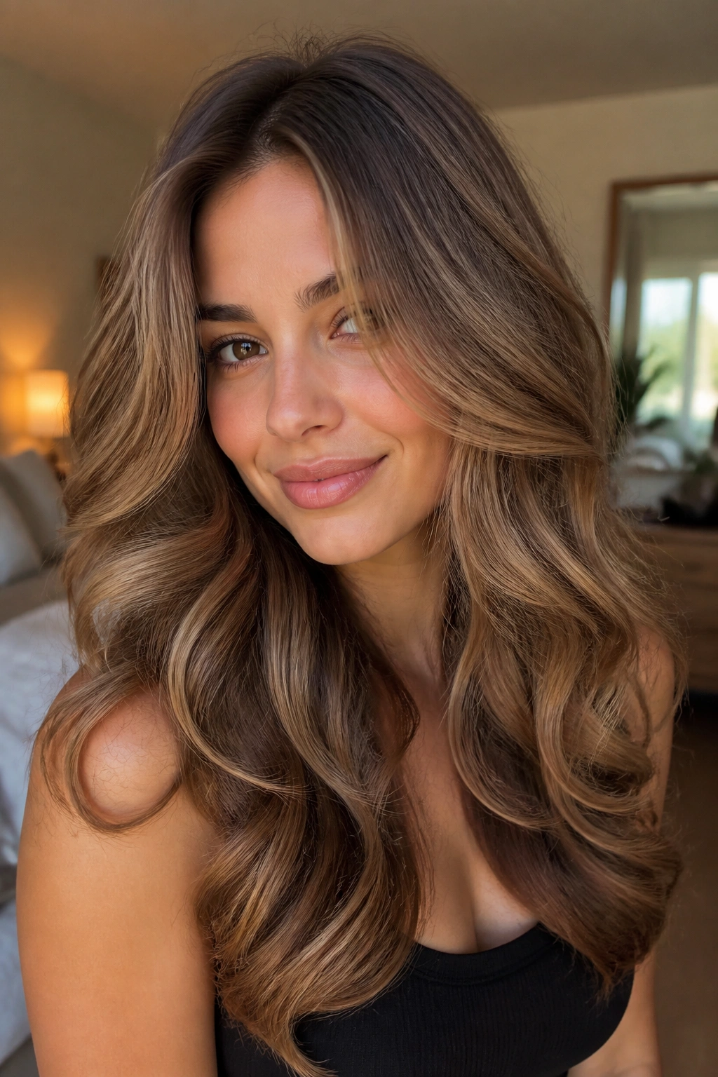 Close-up of a real woman with loose blowout waves and crown lift