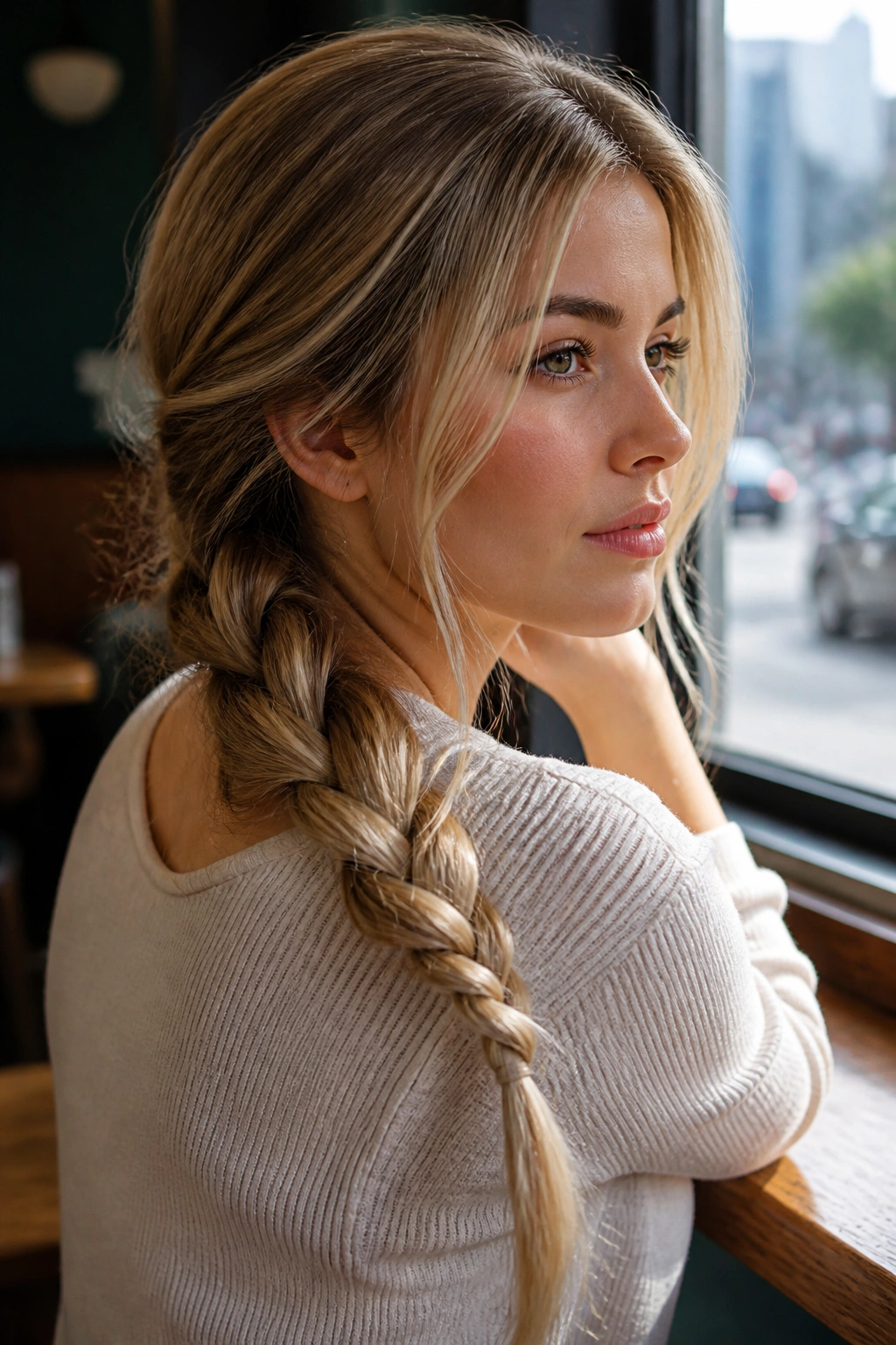 Close-up of real woman's loose three-strand braid starting below the nape