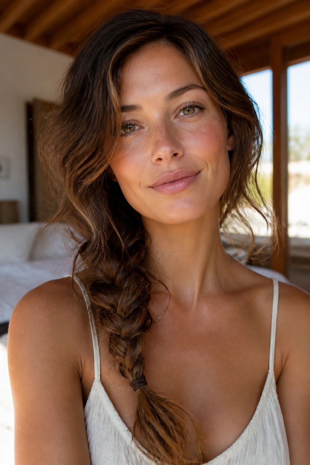 Close-up of a real woman with a loose side braid in a sunlit bedroom