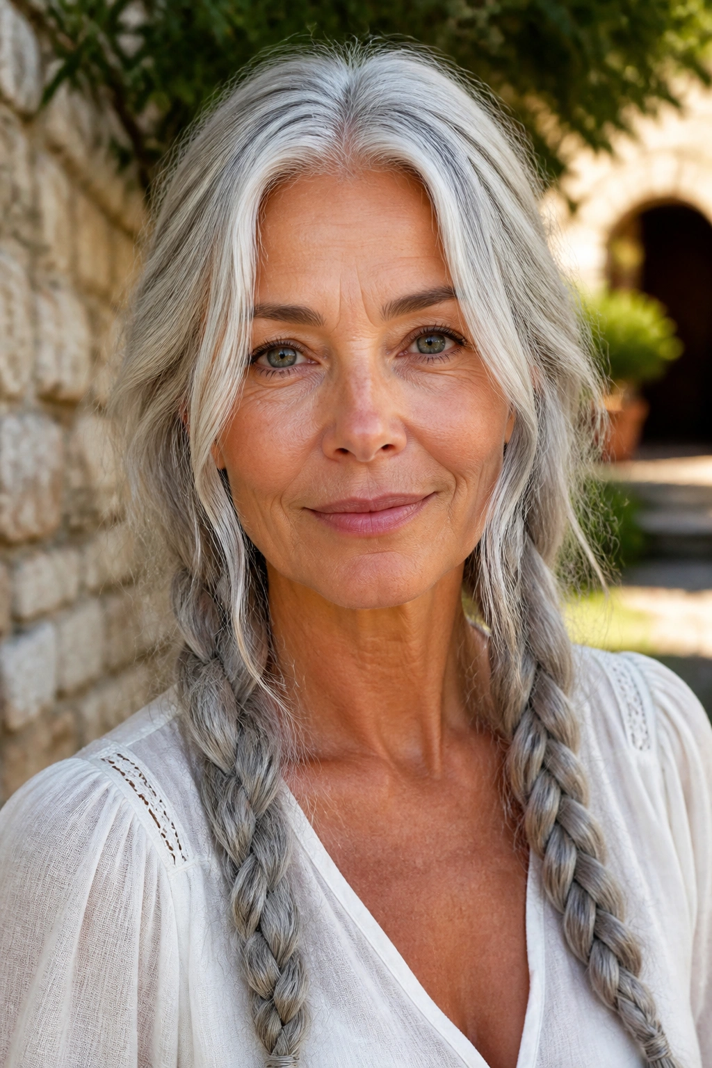 Close-up of a real person with loose silver braids and center part