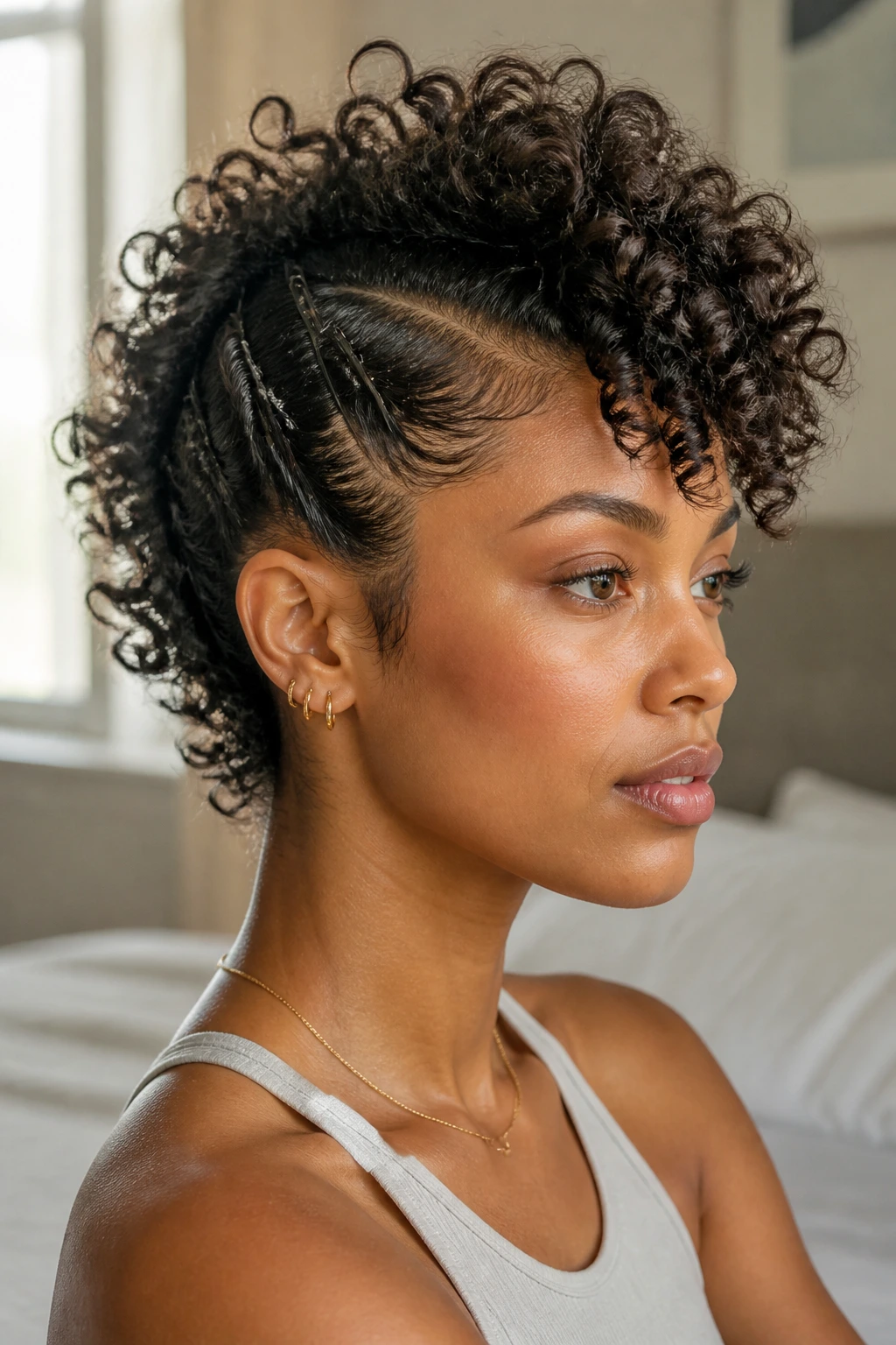 Close-up portrait of real person with loose curl mohawk guided by bobby pins