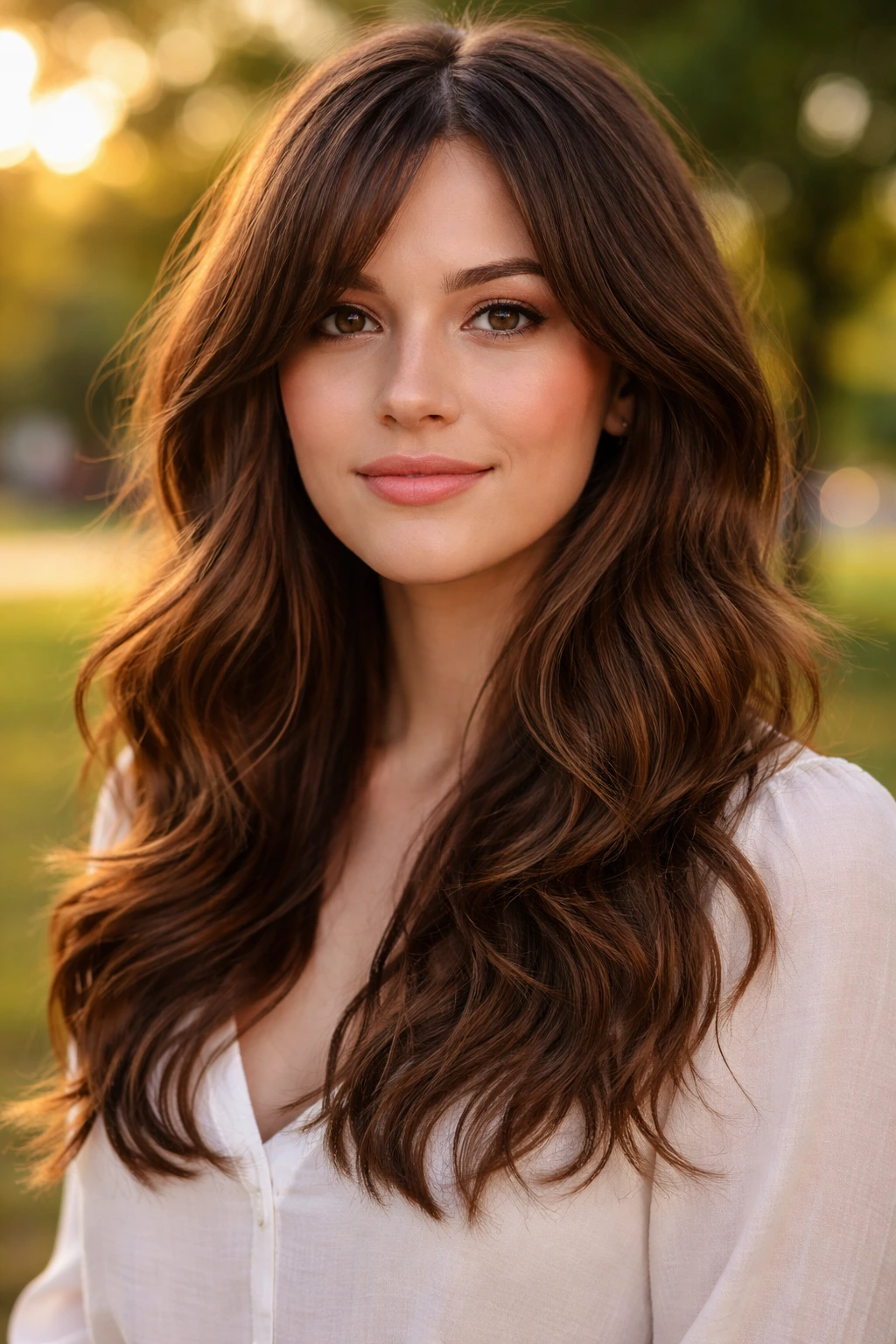 Real woman with loose curls that break up width in golden hour park.