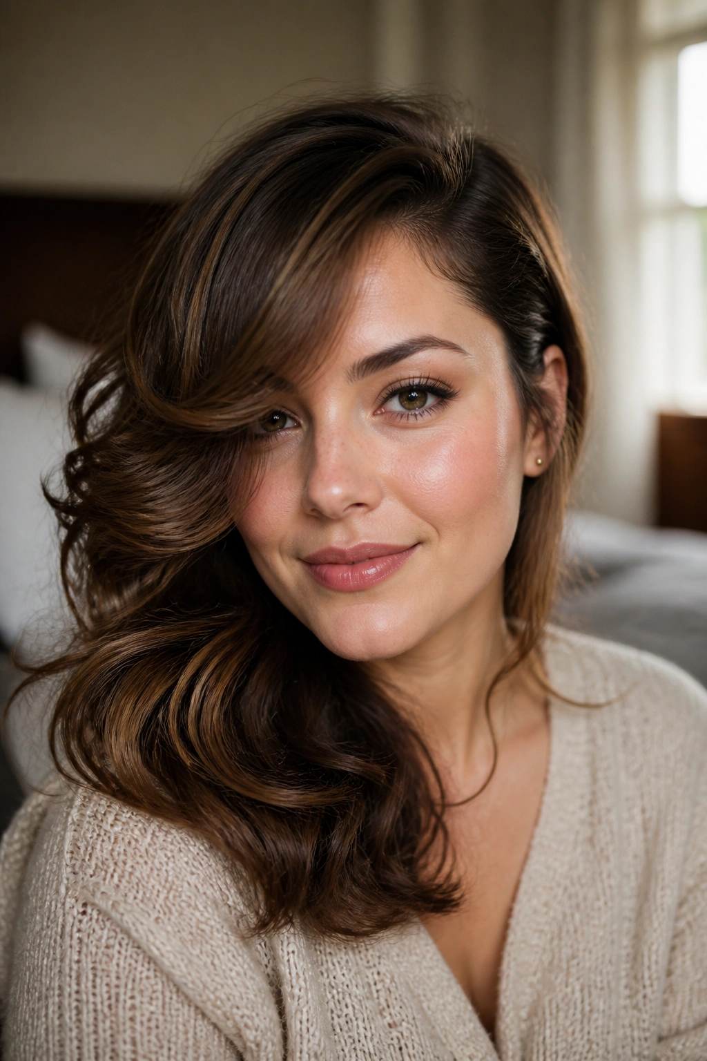 Close-up of a real woman with loose side-swept curls framing the jaw in warm bedroom light
