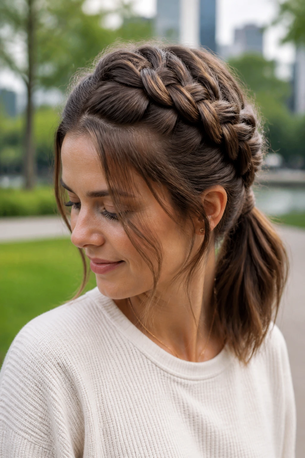 Close-up of a real woman with a loose Dutch braid into a medium tail