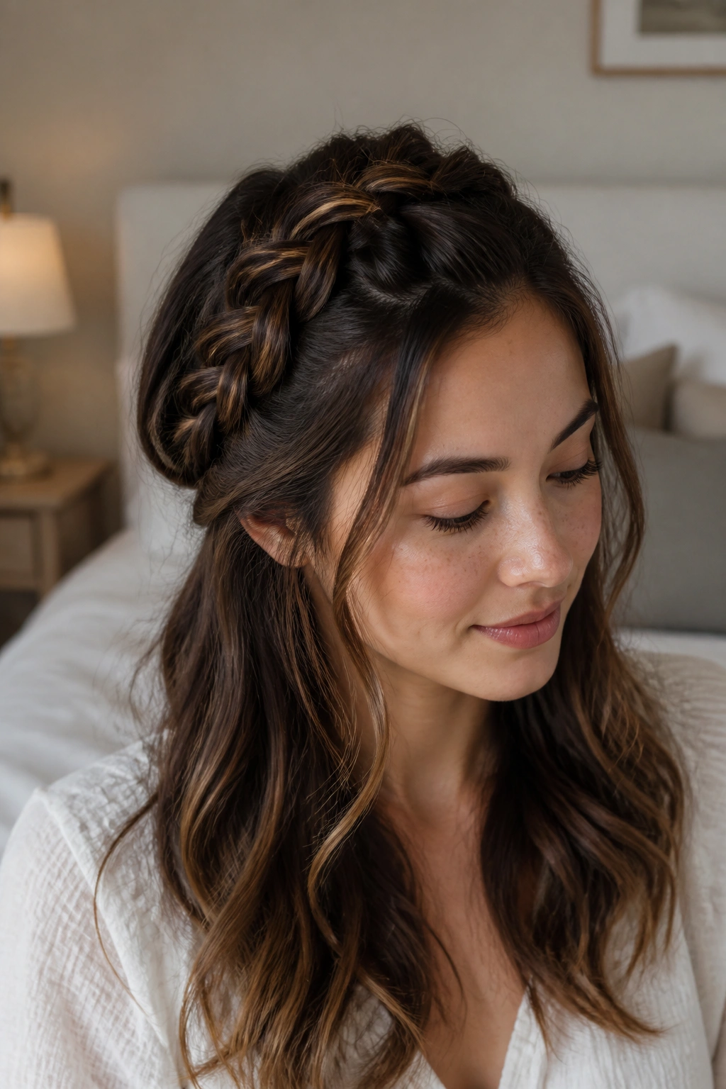 Real woman with a loose Dutch braid on top of her head