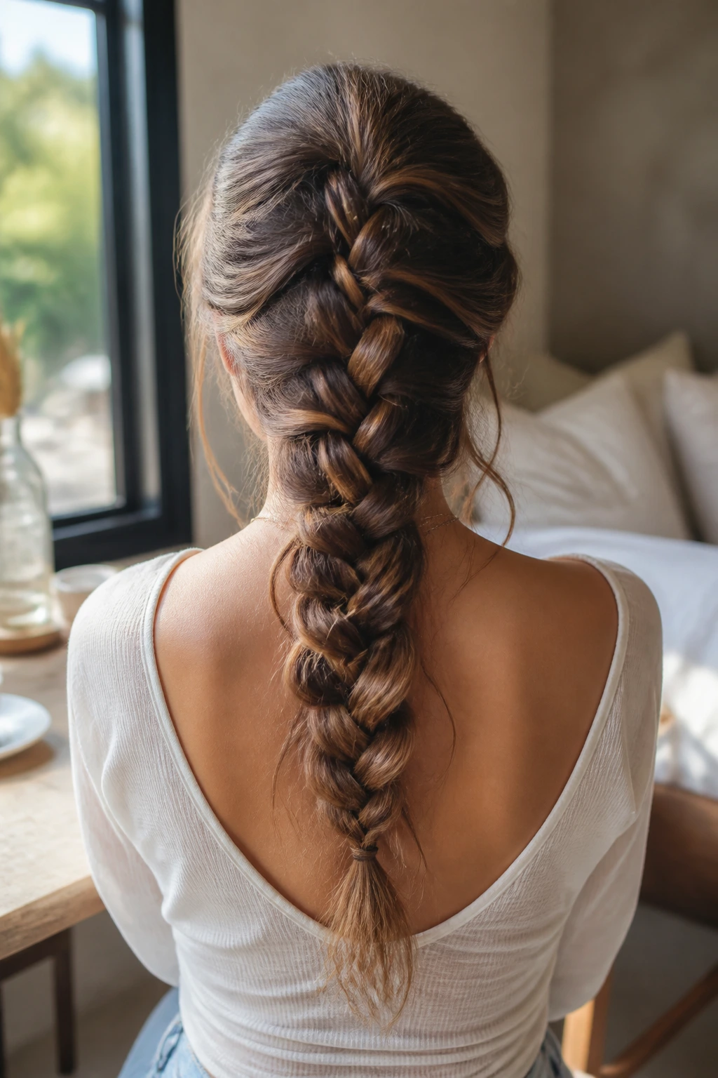 Medium close-up of a real woman with a loose center French braid in natural light