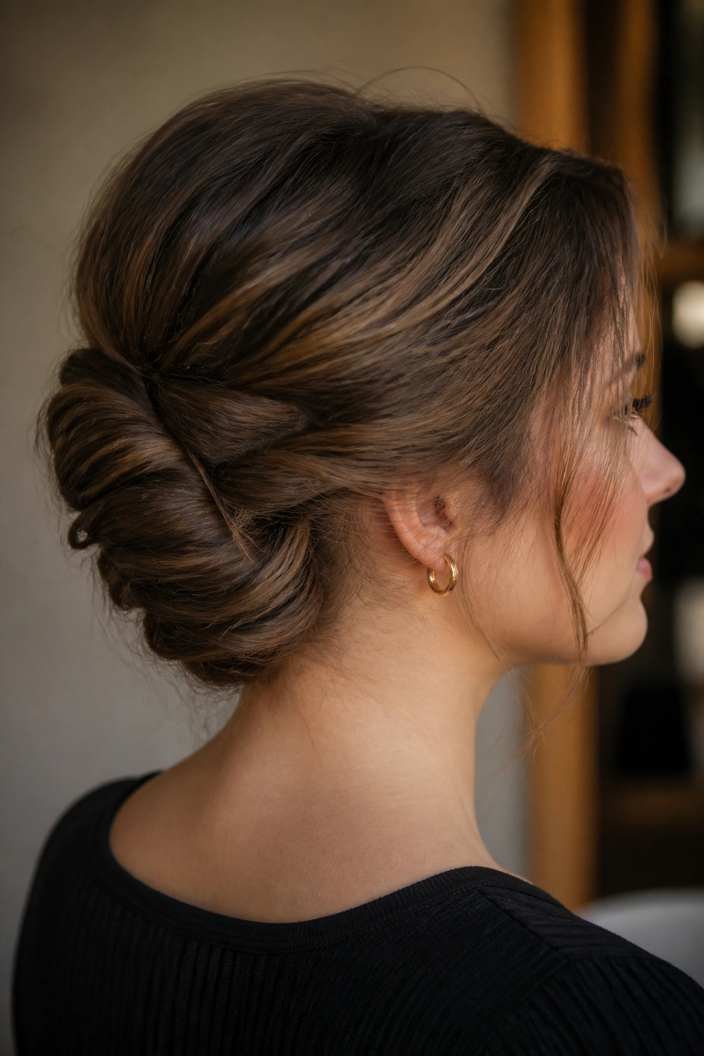 Real woman with a loose French twist at the nape in warm light