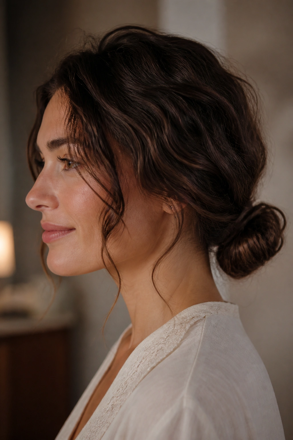 Side-profile of a real woman with a loose low bun at the nape