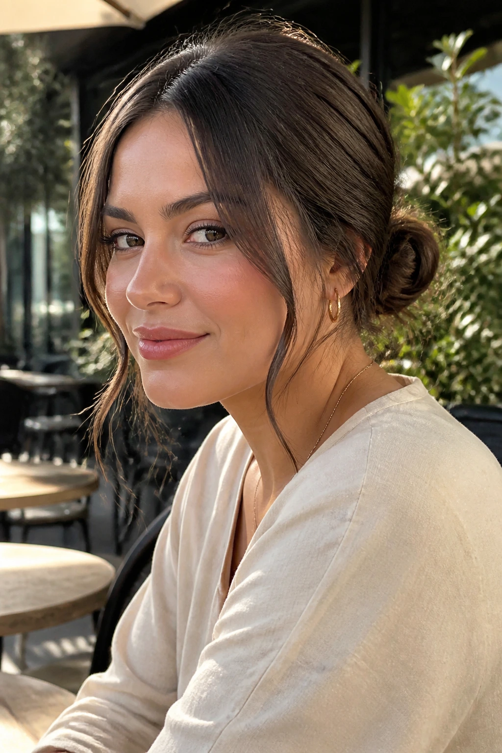 Close up of real woman with loose low bun and face-framing strands