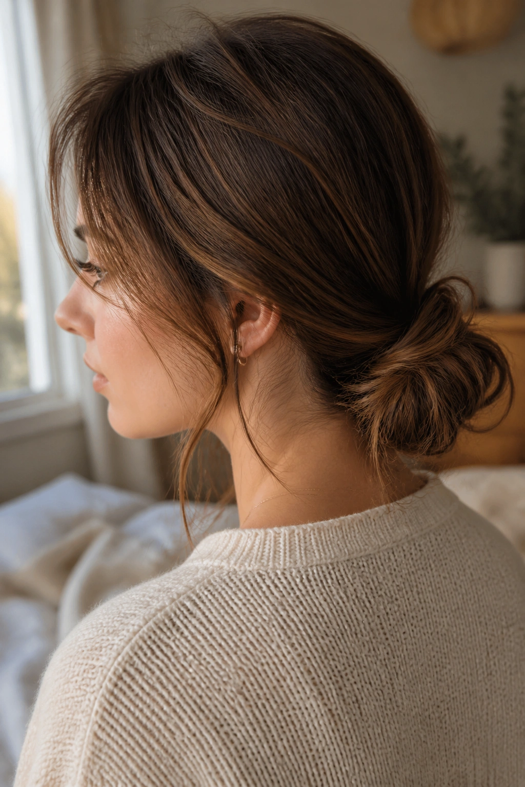 Close-up of a real woman with a loose low knot at the nape and face-framing strands