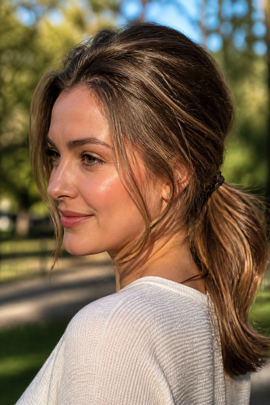 Portrait of a real woman with a loose low ponytail and crown-volume at the nape in a park.
