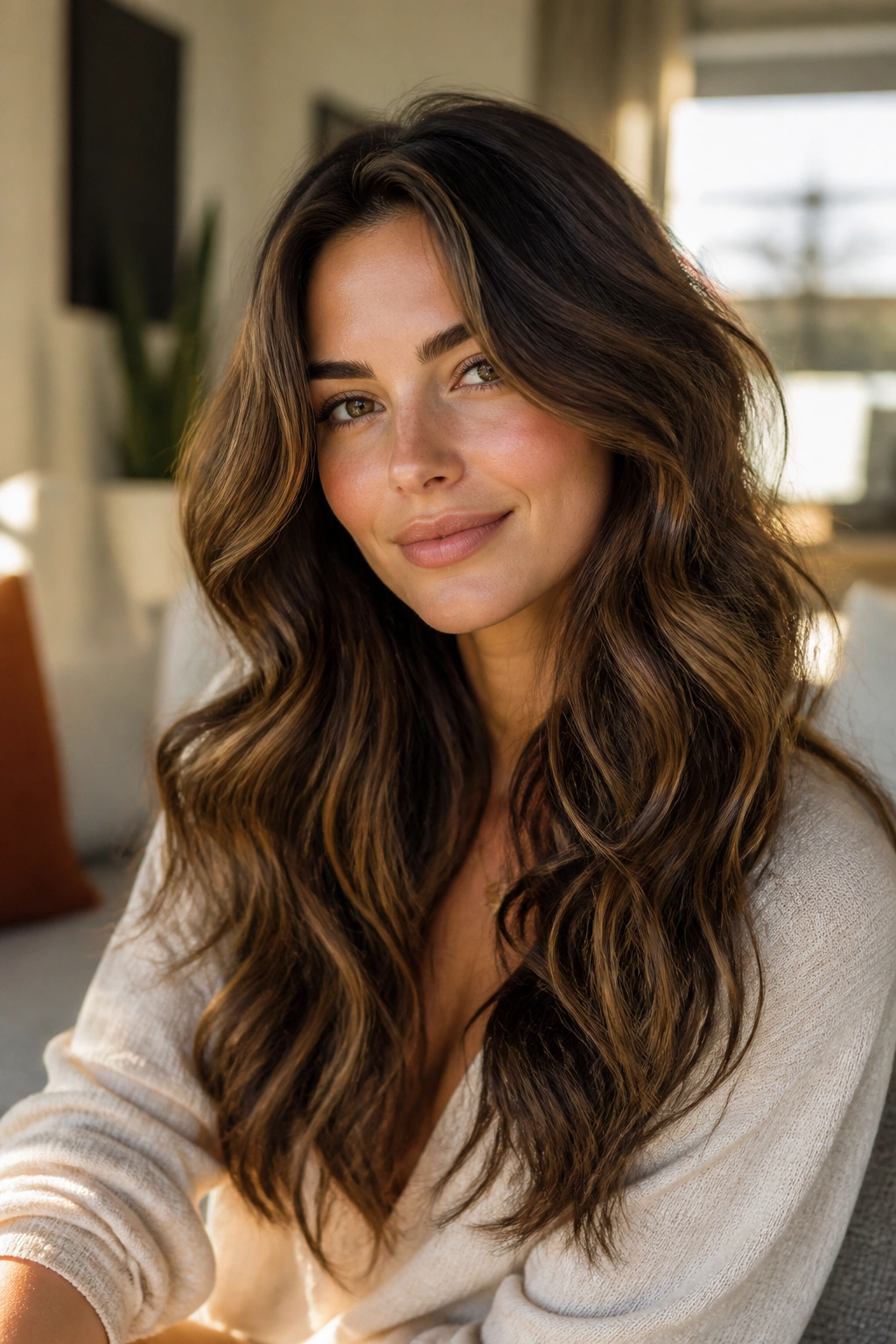 Close-up of a person with loose mermaid waves and internal layers in golden hour light