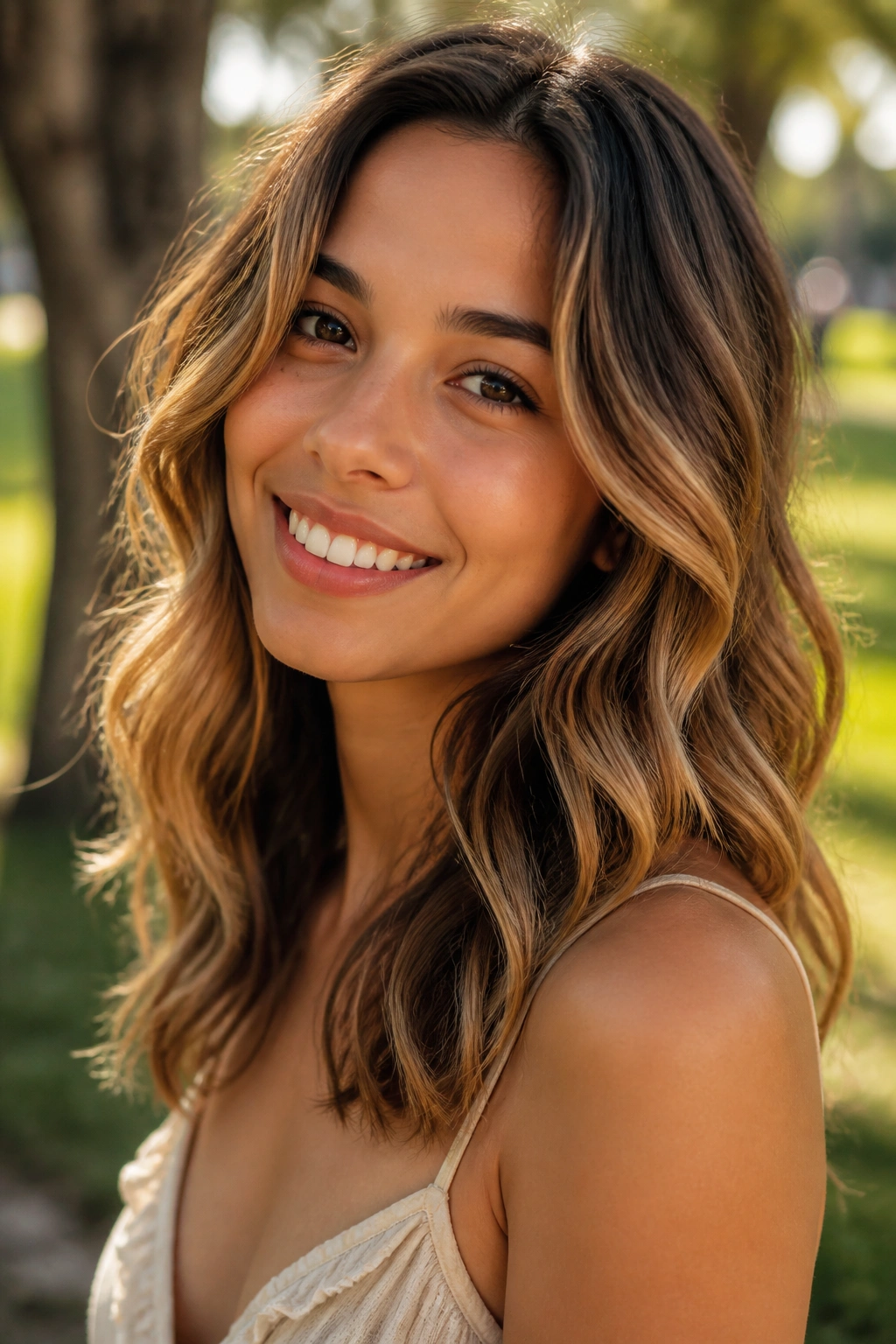 Real woman with loose mermaid waves in golden hour outdoor setting