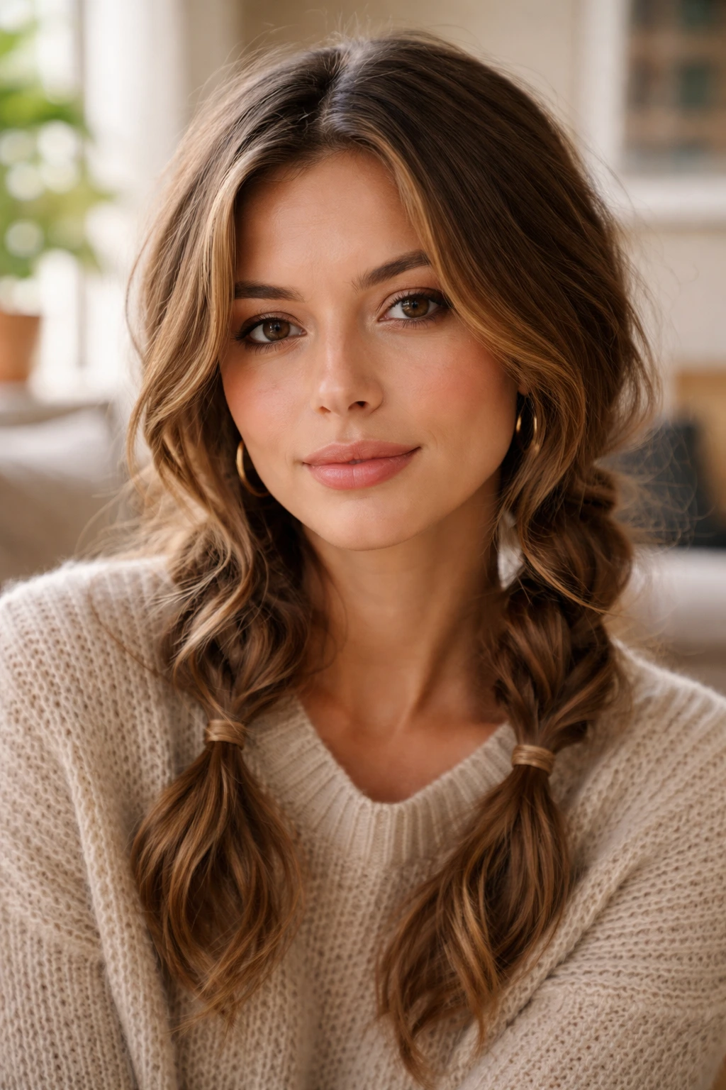 Close-up portrait of a real woman with two loose pigtail braids and soft waves