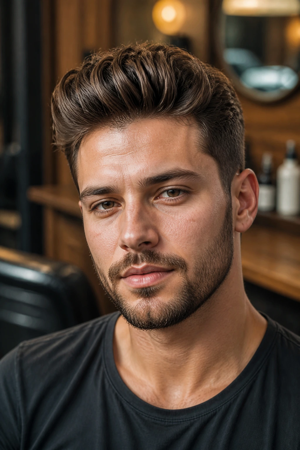 Close-up portrait of a real man with a loose pompadour and textured quiff in a warm barbershop setting.