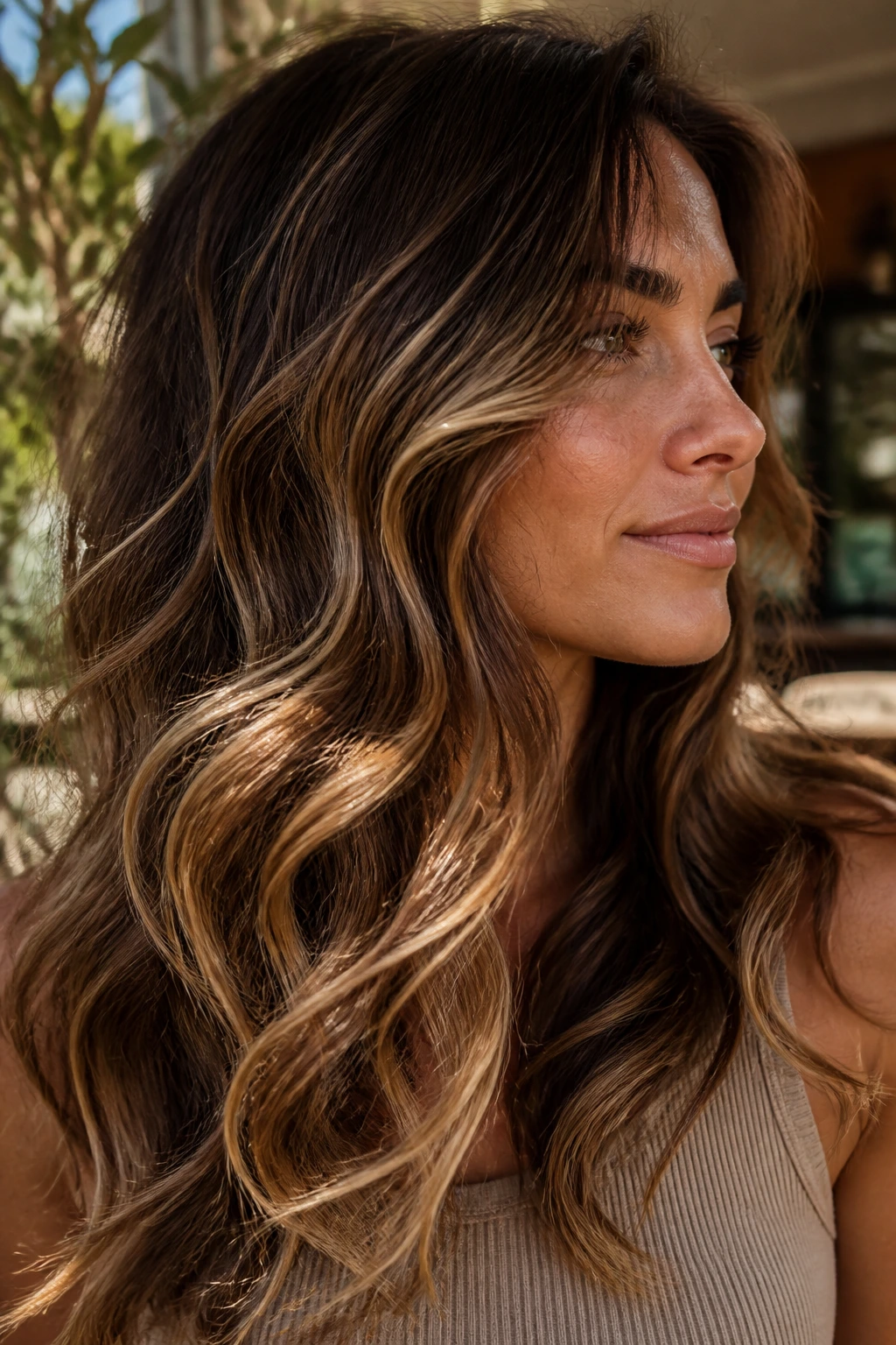 Close-up of a real person with loose honey ribbons accenting wavy hair