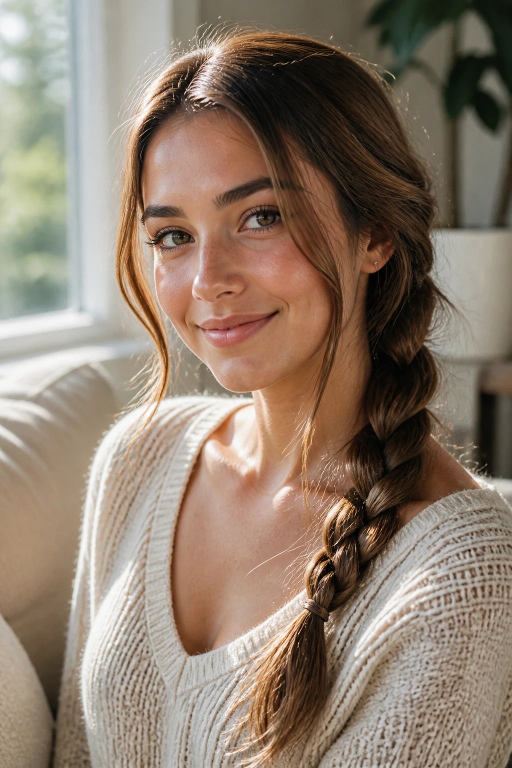 Close-up portrait of a real woman with a loose side braid and face-framing pieces