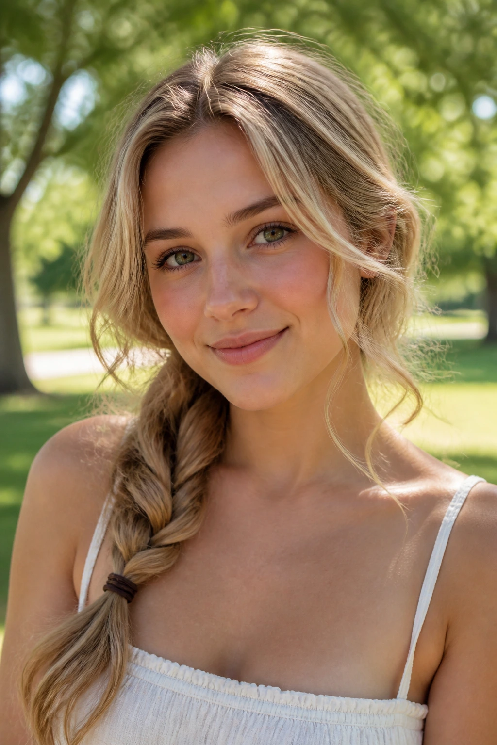 Close-up of a real woman with a loose side braid and soft face-framing pieces