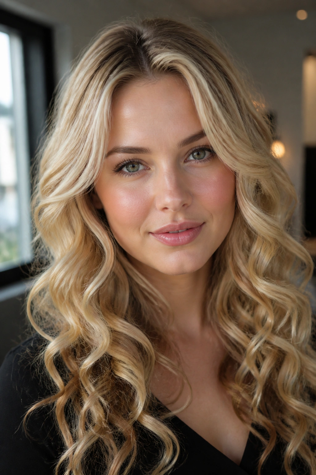 Close-up of a real woman with loose blonde spiral curls and subtle volume