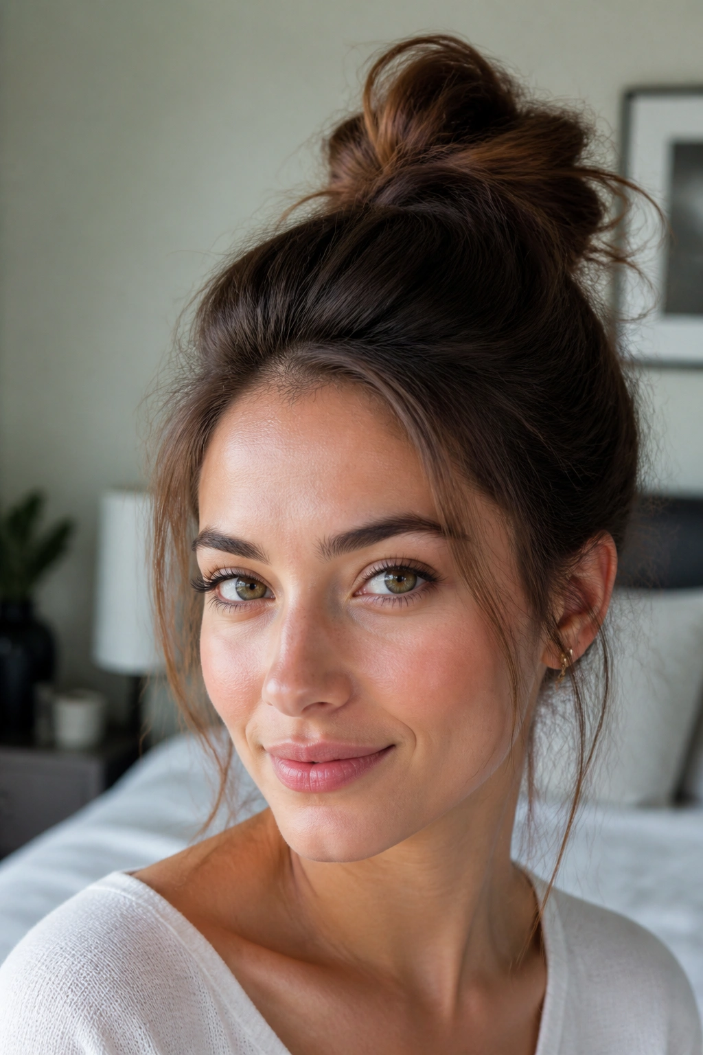 Close-up of a real woman with a loose top knot and crown volume