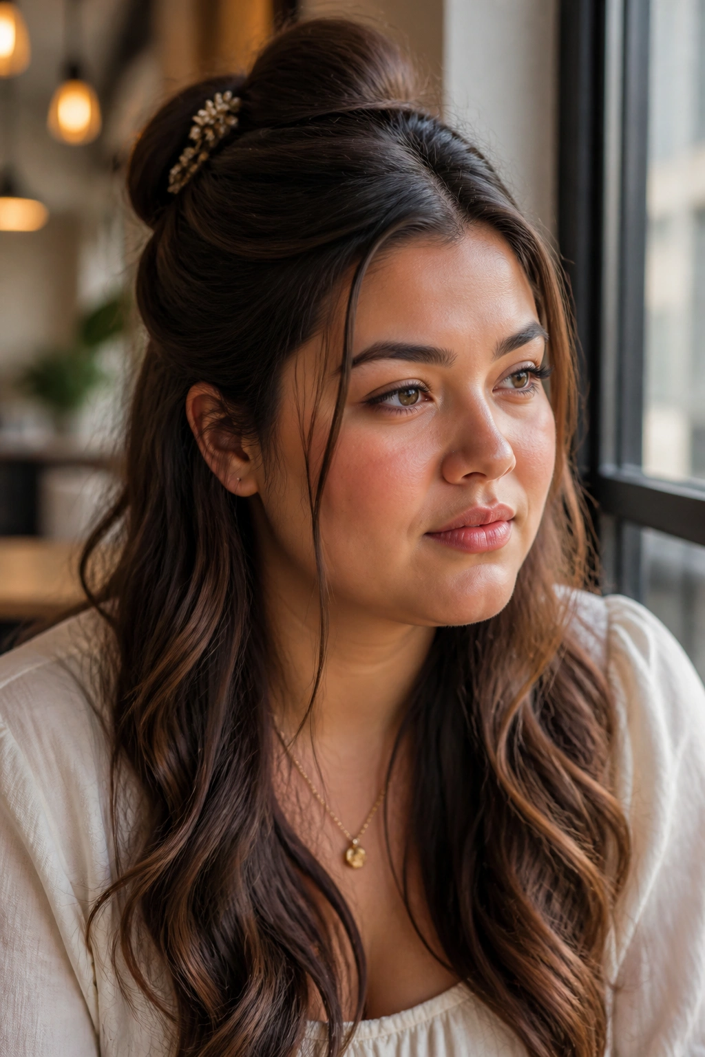 Portrait of a real woman with a loose twist half-up hairstyle and a hairpin.