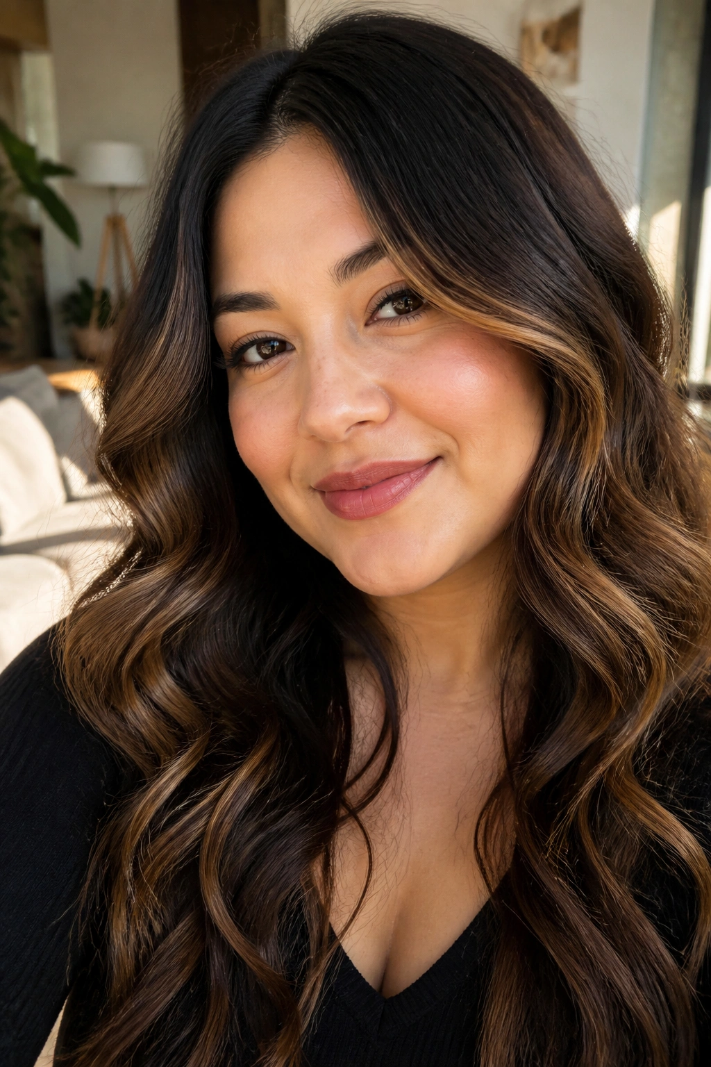 Close-up of real woman with loose waves and caramel highlights on a round face