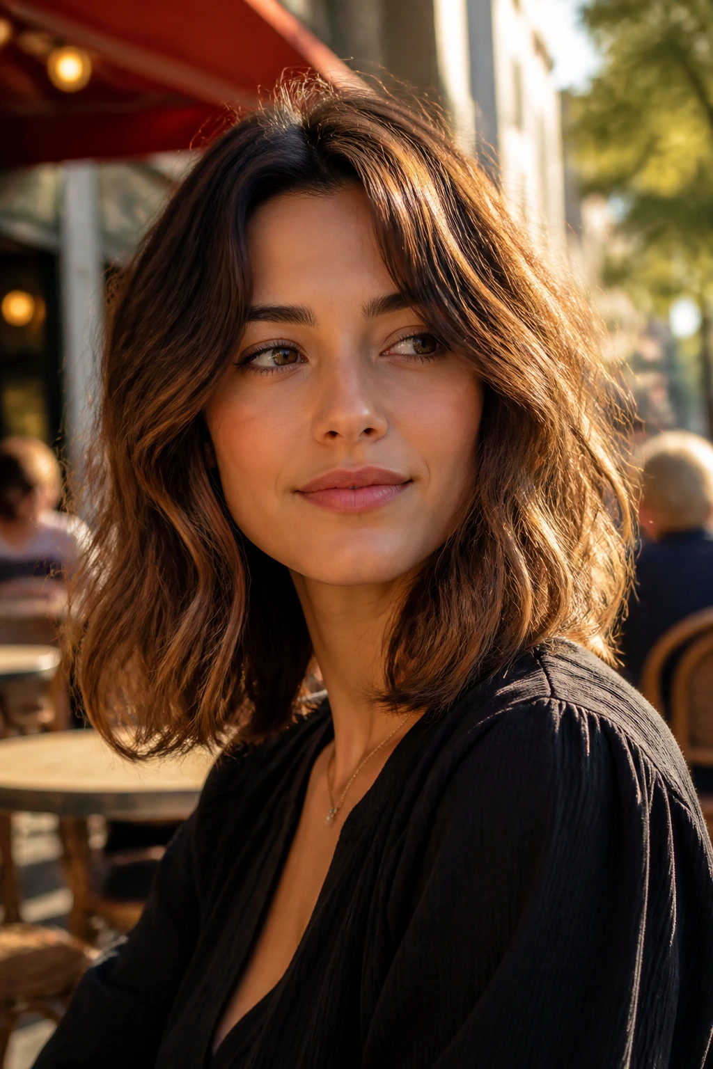 Real woman with loose wave lob, uneven relaxed waves filling the frame.