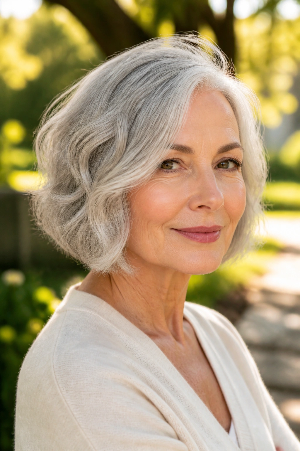 Close-up portrait of a real woman with loose waves in a silver bob in natural sunlight